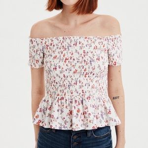American Eagle Size Large Ivory Floral Smocked Off the Shoulder Blouse Cropped